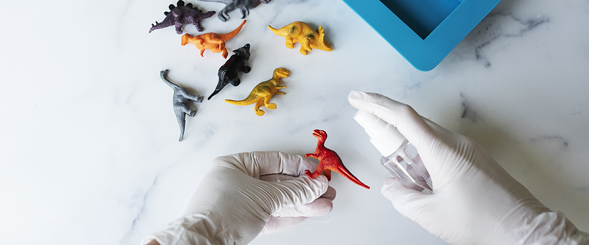 Spraying toy dinosaurs with rubbing alcohol for soap making.