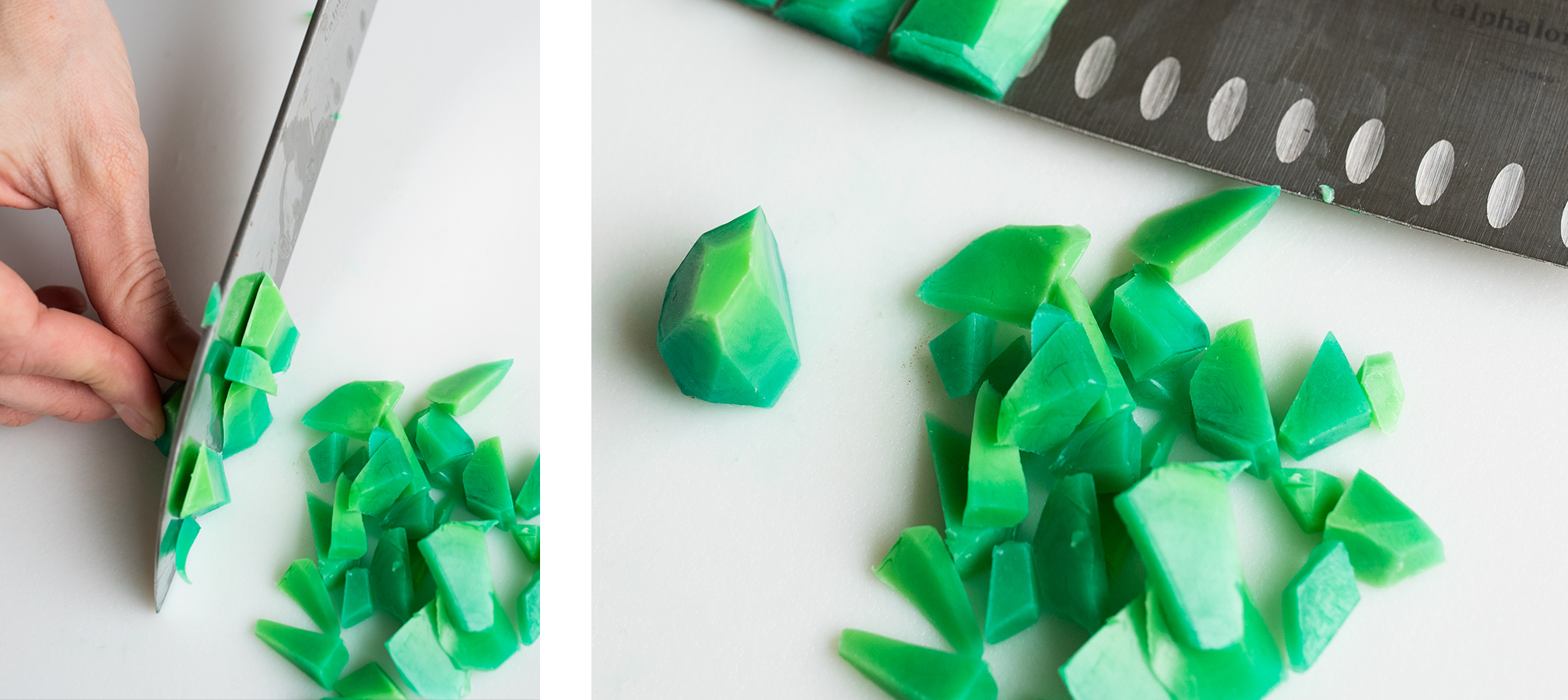 Cutting green melt and pour soap into small pieces
