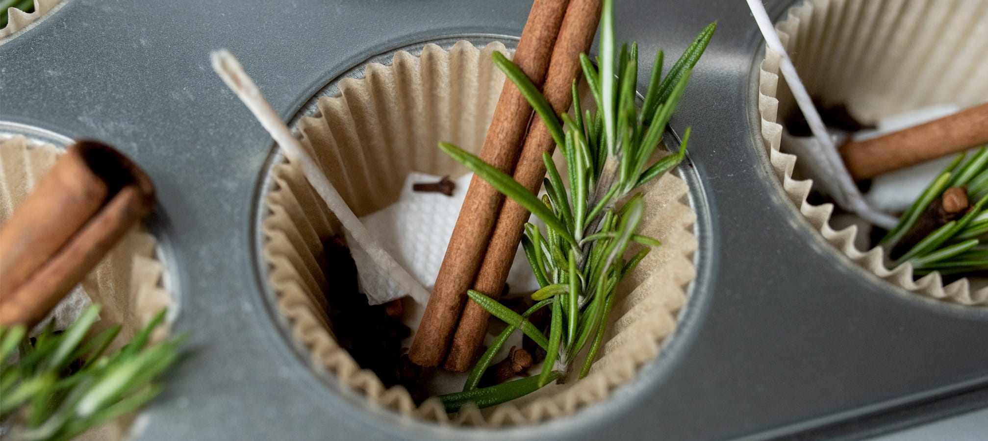 Rosemary and cinnamon in a muffin tin.