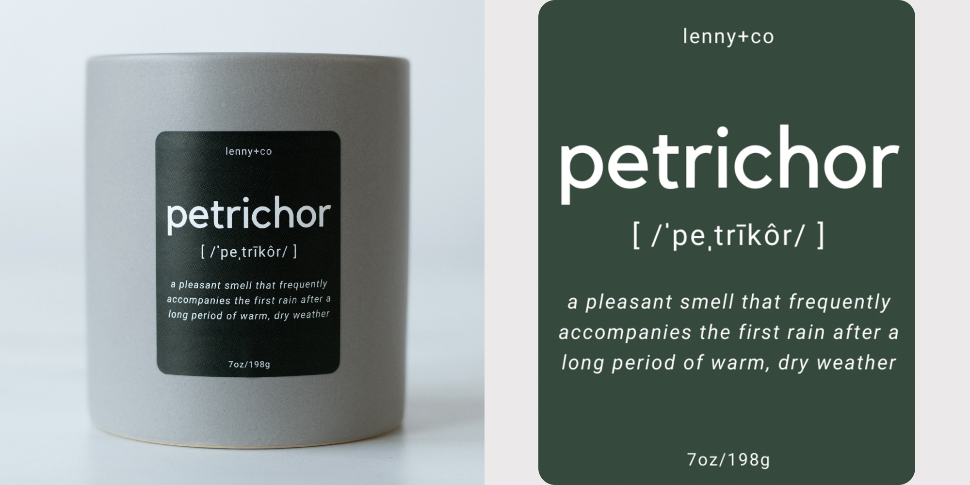 Petrichor fragrance oil candle and label.