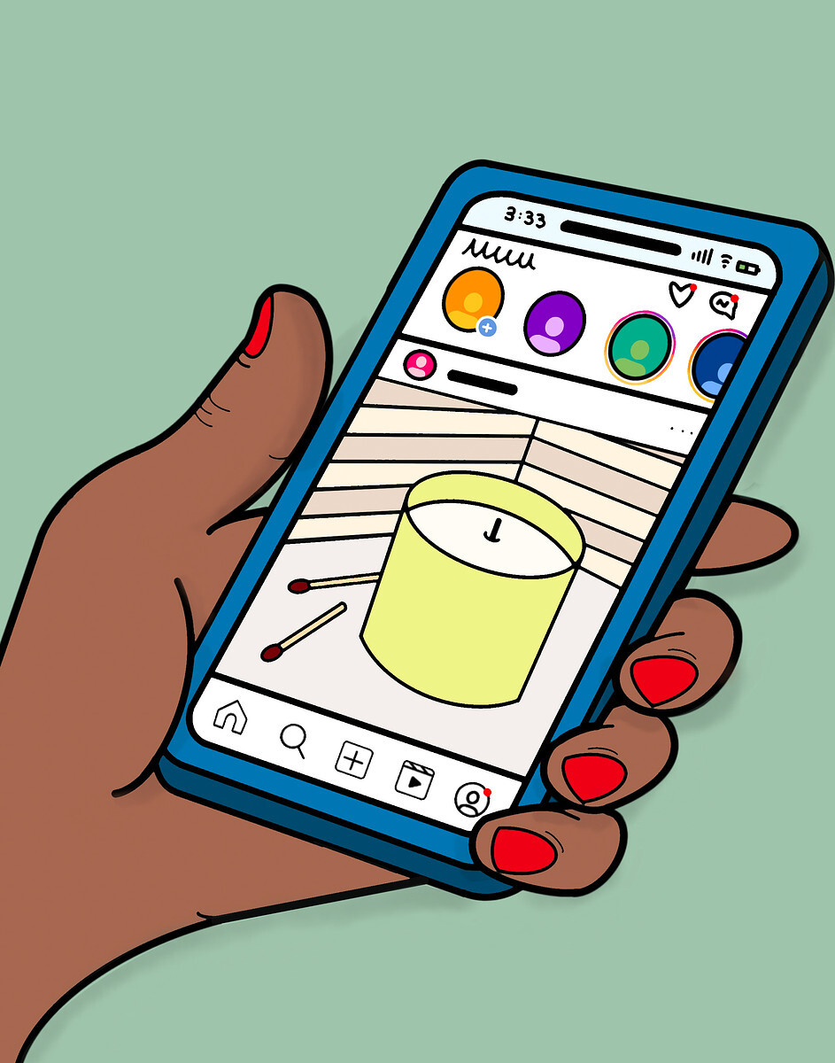 A line illustration of a brown-skinned hand with red fingernails holding a cell phone; on the phone screen is an Instagram post with an image of a candle