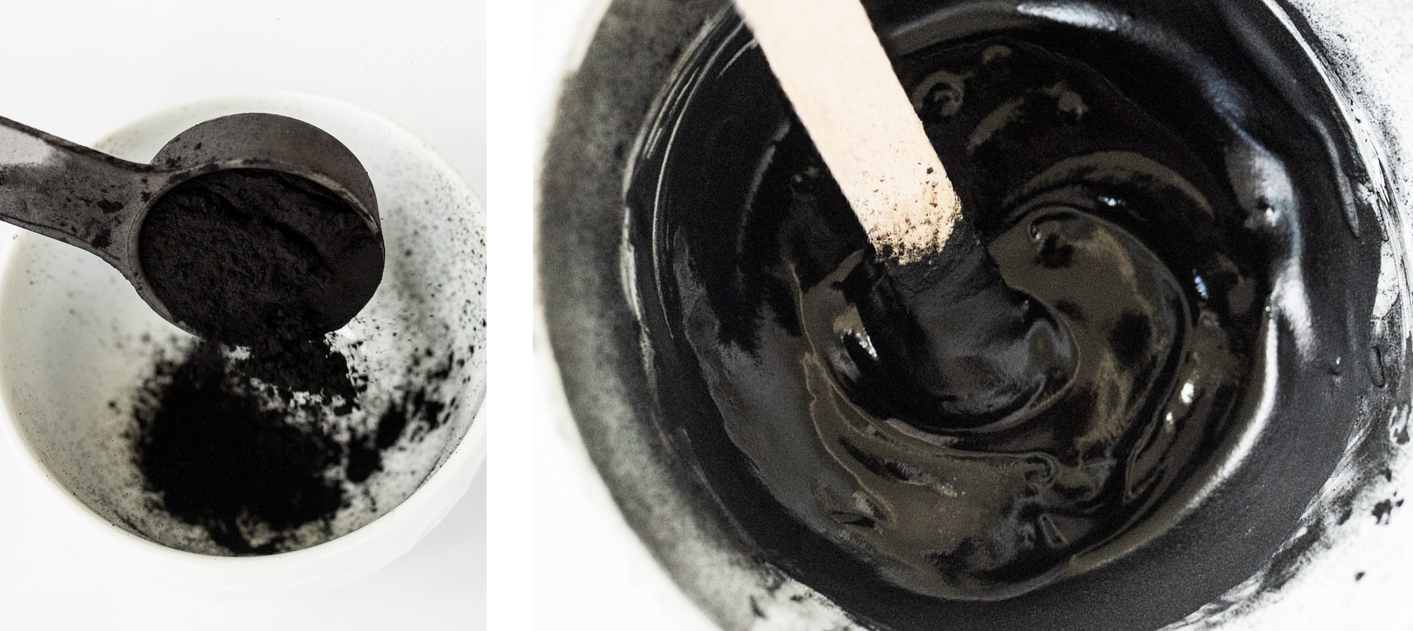 Measuring and stirring activated charcoal.